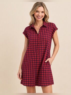 IJOAH Red and Blue Plaid Shirt Dress